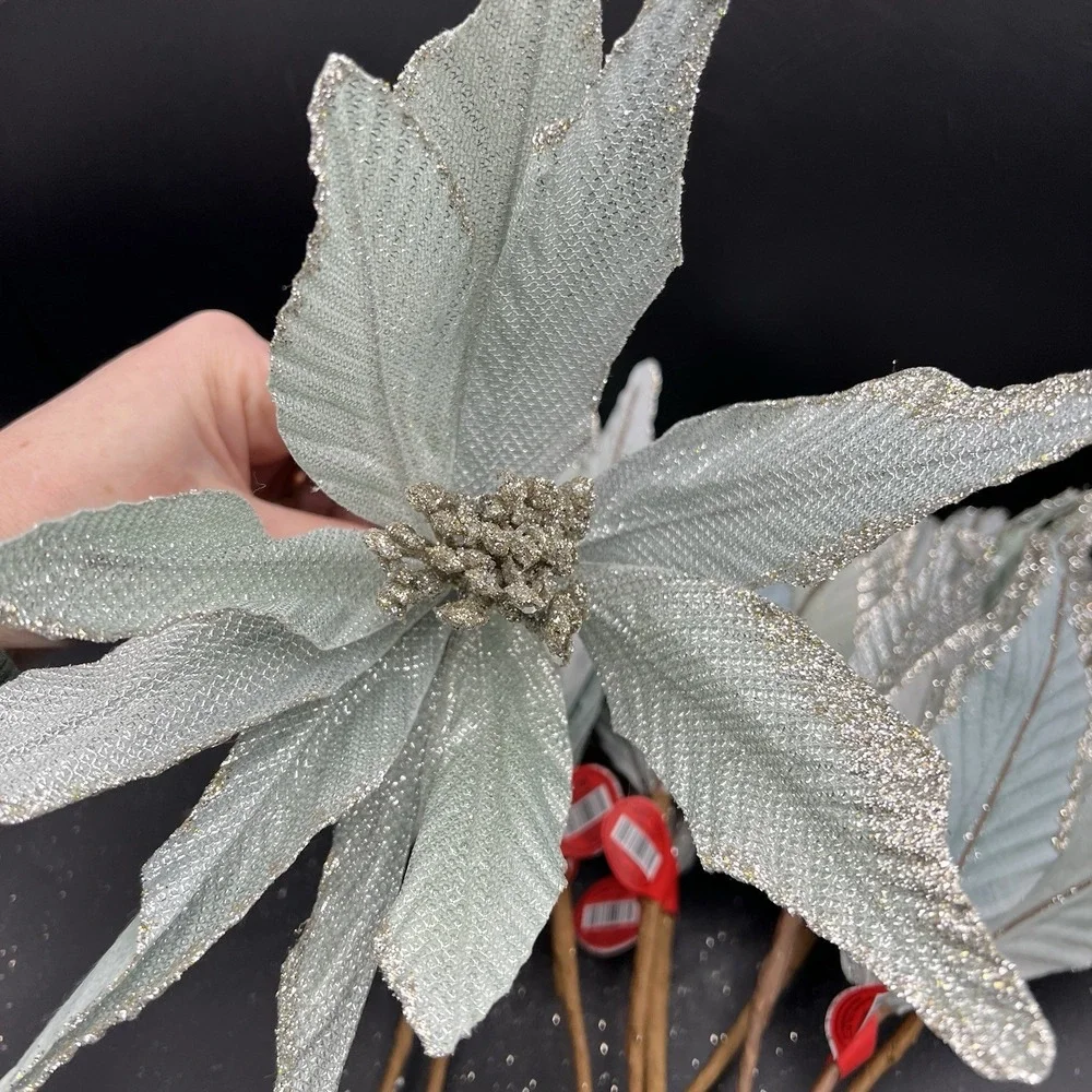 10 CHRISTMAS Poinsettia Sea Aqua Blue Silver Glitter Tree Decor Floral Pick Stem